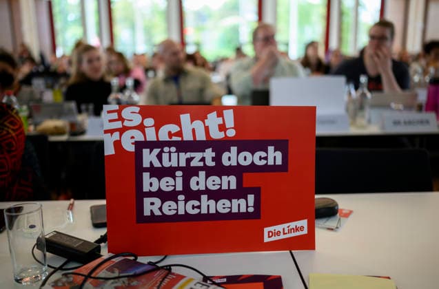 Poster: Cut Taxes for the Rich—Enough Is Enough, September 19, 2026, The Left Party NRW State Convention, September 19–20, 2026, in Mülheim an der Ruhr, Germany, Stadthalle