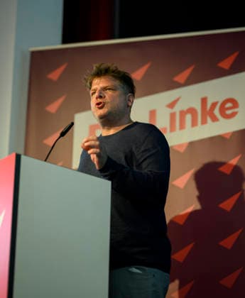 Sebastian Merkens, State Executive Director and lead candidate for the 2027 North Rhine-Westphalia state election, during the general debate, on September 19, 2026, at the Die Linke NRW State Party Convention, held from September 19 to September 20, 2026, at the Stadthalle in Mülheim an der Ruhr, Germany