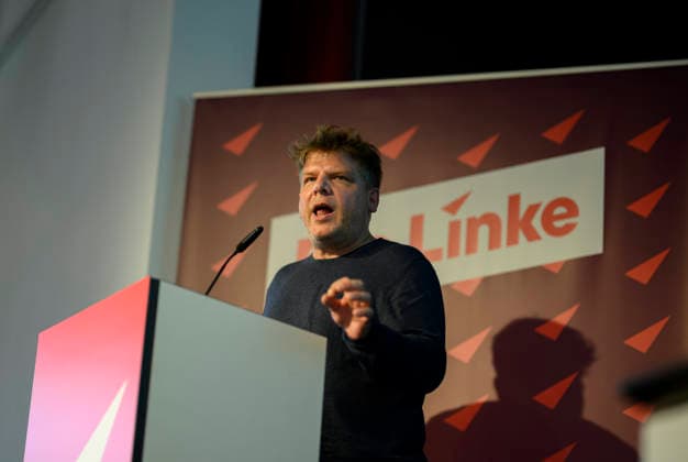 Sebastian Merkens, State Executive Director and lead candidate for the 2027 North Rhine-Westphalia state election, during the general debate, on September 19, 2026, at the Die Linke NRW State Party Convention, held from September 19 to September 20, 2026, at the Stadthalle in Mülheim an der Ruhr, Germany