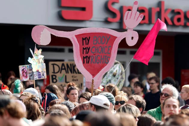 A left-wing counter-demonstration, involving far-left extremist groups, is protesting against the fourth March for Life in Cologne. A demonstrator holds a sign shaped like a uterus with the slogan My Body, M Copyright: xChristophxHardtx
