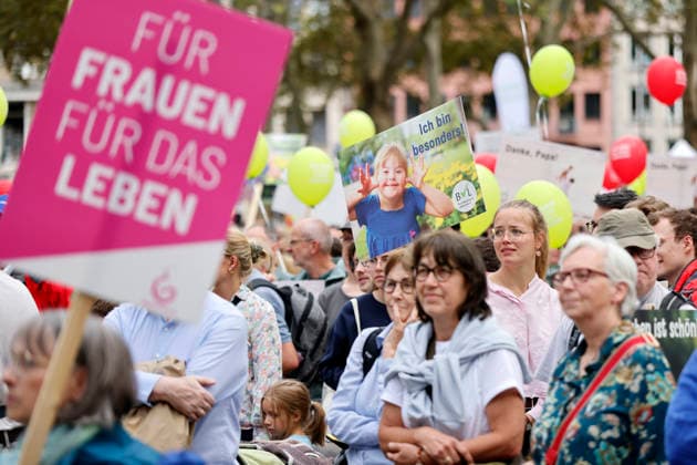 Protesters at the fourth March for Life in Cologne. A protester holds a sign reading I am special. The March for Life is a demonstration organized by the pro-life movement. It is organized by the Federal Association for the Right to Life. Protesters are demonstrating against abortions and euthanasia practices, s Copyright: xChristophxHardtx