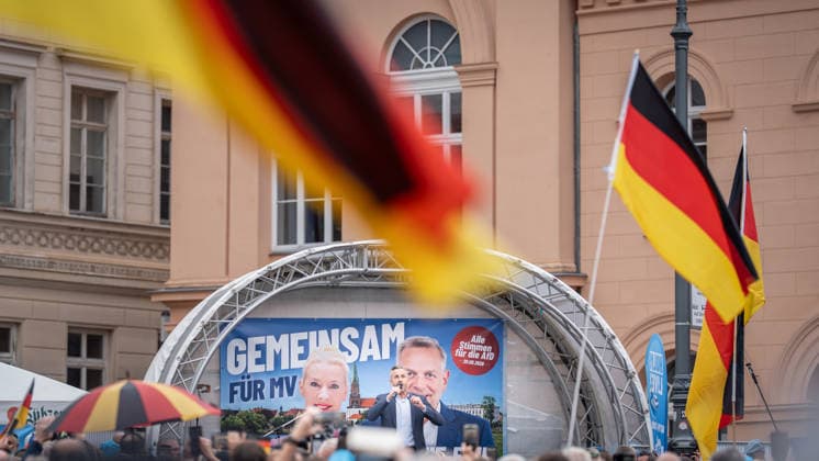 Ulrich Siegmund, the AfD s top candidate and winner of the 2026 state election in Saxony-Anhalt, speaks at the event in Schwerin marking the conclusion of the AfD s campaign for the 2026 state election in Mecklenburg-Western Pomerania, held at Am Markt in Schwerin, Mecklenburg-Western Pomerania, Germany.