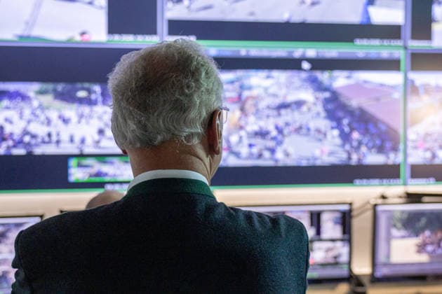 Munich, Bavaria, Germany September 19, 2026: Video surveillance monitors at the Wiesn-Wache show the festival grounds during the 191st Oktoberfest in 2026. Joachim Herrmann is there to learn about police operations, protective measures, and the security plan