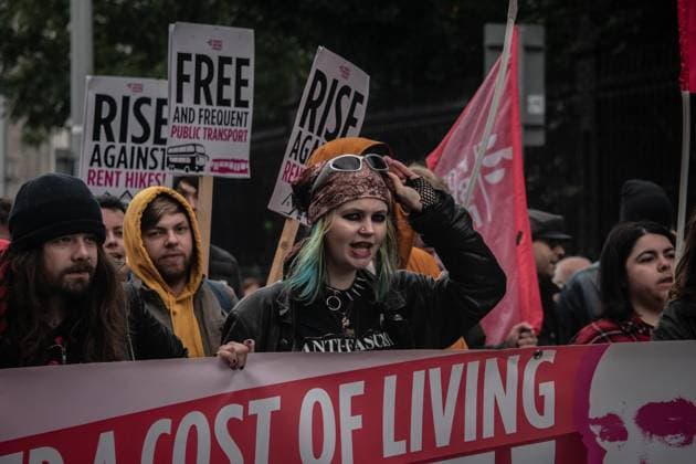 September 19, 2026, Dublin, Ireland: DUBLIN, IRELAND, SEPTEMBER 19, 2026: Protesters march from the Garden of Remembrance to Leinster House in Dublin during a demonstration calling for government action on Irelandâ€⠢s housing and cost-of-living pressures ahead of Budget 2027. Trade unions, political groups and community organizations joined the protest, calling for measures addressing housing costs, wages, energy prices and other household expenses. Dublin Ireland - ZUMAq101 20260919_zna_q101_184 Copyright: xNadiaxCaimix
