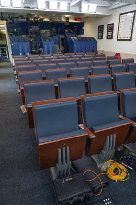 The seat dedicated to CNN in the White House press briefing room is seen on Saturday, September 19, 2026 in Washington DC. President Donald Trump announced via a post on Truth Social his decision to bar CNN, MS NOW, and Politico from the White House.  WAP20260919907 LeighxVogel
