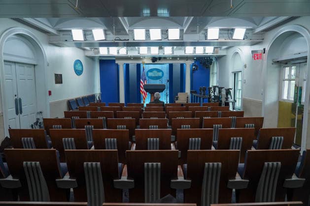 The White House press briefing room is seen on Saturday, September 19, 2026 in Washington DC. President Donald Trump announced via a post on Truth Social his decision to bar CNN, MS NOW, and Politico from the White House.  WAP20260919909 LeighxVogel