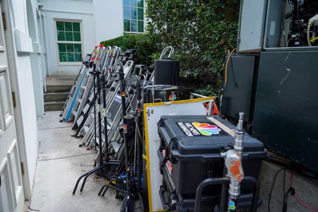 Press ladders and equipment are seen on the premises of the White House on Saturday, September 19, 2026 in Washington DC. President Donald Trump announced via a post on Truth Social his decision to bar CNN, MS NOW, and Politico from the White House.  WAP20260919915 LeighxVogel