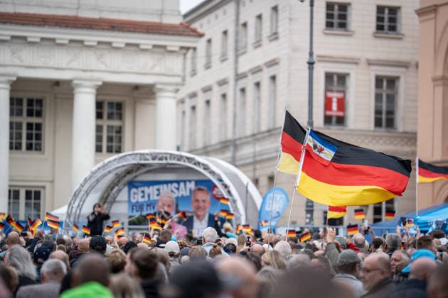 EMPTY TEXT CAPTION: AfD campaign wrap-up for the 2026 state election in Mecklenburg-Western Pomerania, in Schwerin, Schwerin, Mecklenburg-Western Pomerania, Germany, at the Markt