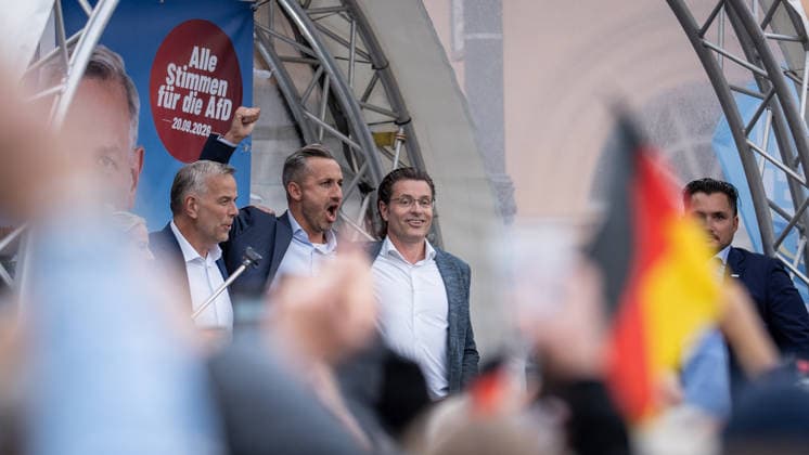 Petra Federau, AfD state parliament member; Leif Eric Holm, AfD candidate for minister-president; Ulrich Siegmund, AfD Saxony-Anhalt; Thomas de Jesus Fernandes, AfD Mecklenburg-Western Pomerania, on stage from left: AfD campaign wrap-up for the 2026 state election in Mecklenburg-Western Pomerania, in Schwerin, Schwerin, Mecklenburg-Western Pomerania, Germany, at Am Markt