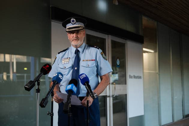 FATAL STABBING BLUE MOUNTAINS, Blue Mountains Police Area Command Commander, Superintendent John Nelson at Springwood police station Sunday, September 20, 2026. One child has died and two other children and a woman are in a critical condition after a stabbing in the Blue Mountains. ( NO ARCHIVING  Copyright: xSarahxWilsonx 20260920188452256260