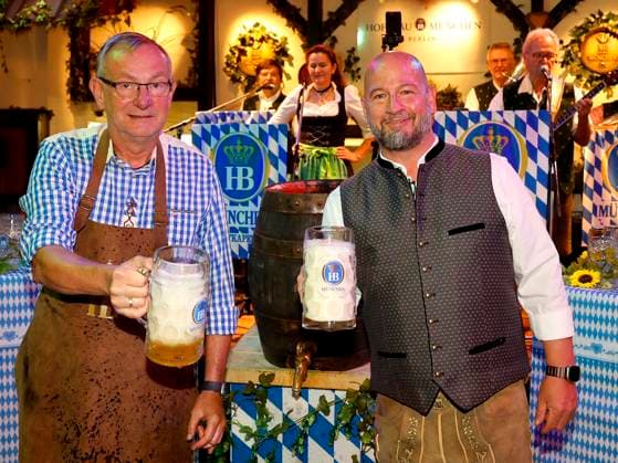 Bernd Siggelkow and Björn Schwarz at the keg-tapping ceremony during the Oktoberfest lunchtime tapping at the Hofbräuhaus Berlin with Pastor Bernd Siggelhow