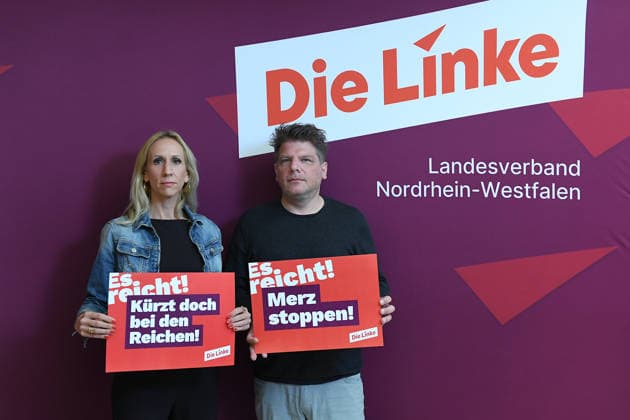 State Party Convention of Die Linke North Rhine-Westphalia on September 20, 2026, at the Stadthalle Mülheim in Mülheim an der Ruhr: Alexandra Mehdi (left) and Sebastian Merkens (right), the designated top candidates for 2027 xRx