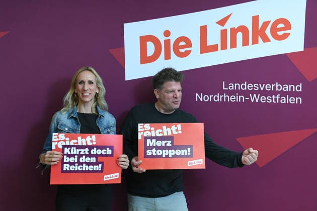 State Party Convention of Die Linke North Rhine-Westphalia on September 20, 2026, at the Stadthalle Mülheim in Mülheim an der Ruhr: Alexandra Mehdi (left) and Sebastian Merkens (right), the designated top candidates for 2027 xRx