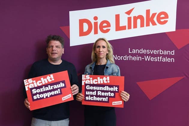 State Party Convention of Die Linke North Rhine-Westphalia on September 20, 2026, at the Stadthalle Mülheim in Mülheim an der Ruhr: Alexandra Mehdi (right) and Sebastian Merkens (left), the designated top candidates for 2027 xRx