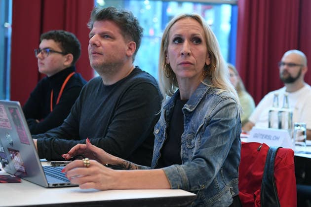 State Party Convention of Die Linke North Rhine-Westphalia on September 20, 2026, at the Stadthalle Mülheim in Mülheim an der Ruhr: Alexandra Mehdi (front), Sebastian Merkens (back), and the designated top candidates for 2027 xRx