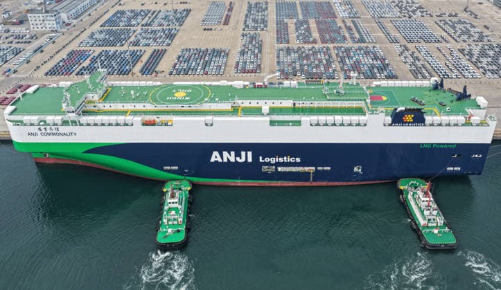 YANTAI, CHINA - SEPTEMBER 20: The car carrier vessel Anji Qixin docks at Yantai Port of Shandong Port to load export vehicles on September 20, 2026 in Yantai, Shandong Province of China. China s automobile exports have continued to grow in recent years.  Copyright: xVCGx 111668259963