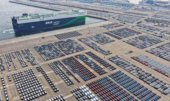 YANTAI, CHINA - SEPTEMBER 20: The car carrier ship Anji Qixin from Anji Logistics docks at Yantai Port of Shandong to load export vehicles on September 20, 2026 in Yantai, Shandong Province of China. China s automobile exports have continued to grow in recent months.  Copyright: xVCGx 111668259959