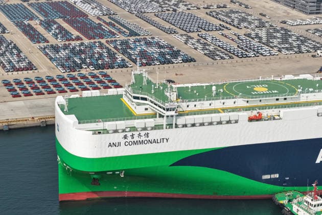 YANTAI, CHINA - SEPTEMBER 20: The car carrier vessel Anji Qixin from Anji Logistics docks at Yantai Port of Shandong Port to load cars for export on September 20, 2026 in Yantai, Shandong Province of China. China s automobile exports have continued to grow in recent months.  Copyright: xVCGx 111668259954
