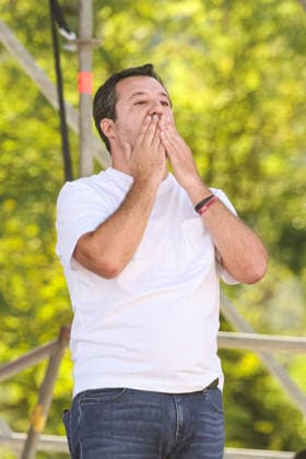 IPA88761530 - Pontida: A political rally held by Northern League activists on the large meadow in Pontida. Pictured: Matteo Salvini (Italian Minister of Infrastructure and Transportation)  Copyright: xAlessandroxBremecx xx IPA88761530