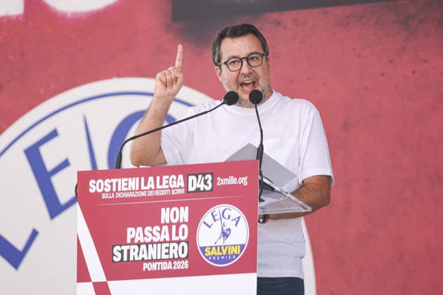 IPA88761541 - Pontida: A political rally held by Northern League activists on the large meadow in Pontida. Pictured: Matteo Salvini (Italian Minister of Infrastructure and Transportation)  Copyright: xAlessandroxBremecx xx IPA88761541
