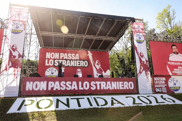 IPA88761558 - Pontida: A political rally held by Northern League activists on the large field in Pontida. Pictured: Matteo Salvini (Italian Minister of Infrastructure and Transportation)  Copyright: xAlessandroxBremecx xx IPA88761558