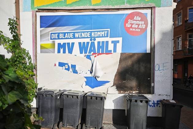 Schwerin, Mecklenburg-Western Pomerania, Germany, September 20, 2026 2026 State Election in Mecklenburg-Western Pomerania A torn AfD campaign poster for the 2026 state election Copyright: xdtsxNachrichtenagenturx dts_135368
