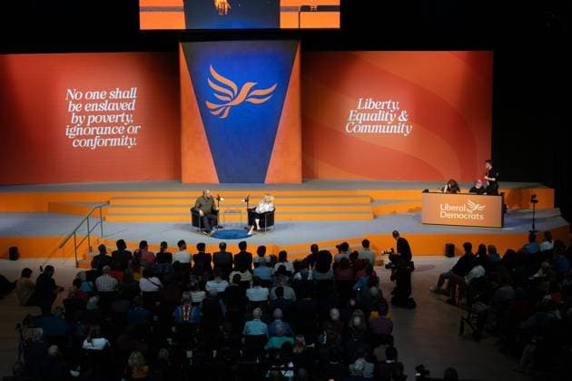 September 20, 2026, Brighton, United Kingdom: Sir ED DAVEY, Liberal Democrat leader, holds a Q&A session moderated by Journalist, Carolyn Quinn (R), on day two of the party s autumn conference at the Brighton Centre.Day two of the Liberal Democrat Autumn Conference at the Brighton Centre. The event runs from 19 Sept to 22 Sept 2026, bringing together party members, MPs, and delegates to debate policy, vote on key motions, and deliver keynote addresses Brighton United Kingdom  - ZUMAs197 20260920_aaa_s197_158 Copyright: xPhilxLewisx