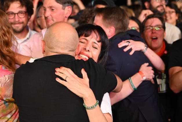Left Party s Elif Eralp leads Berlin election with 24.5% BERLIN, GERMANY - SEPTEMBER 20: Die Linke (The Left Party) lead mayoral candidate Elif Eralp (C) celebrates with party members and supporters as initial exit poll results are announced during an election night gathering at the party s headquarters, the Karl-Liebknecht-Haus, in Berlin, Germany, on September 20, 2026. According to early exit poll projections, Die Linke took first place with 24.5 percent of the vote in the Berlin House of Representatives (Abgeordnetenhaus) election. Halil Sagirkaya Anadolu Berlin Germany. Editorial use only. Please get in touch for any other usage.  Copyright: x2026xAnadoluxHalilxSagirkayax