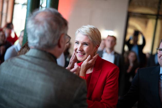 Minister-President and SPD lead candidate Manuela Schwesig, around 6:20 p.m., at the SPD election party in the Orangery of Schwerin Castle; Election Night for the 2026 State Parliamentary Election in Mecklenburg-Western Pomerania, Schwerin, Mecklenburg-Western Pomerania, Germany; Schwerin Castle and surrounding area