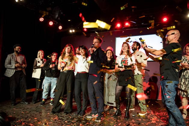 Elif Eralp C, the leading candidate for The Left, celebrates with party leaders and members at the Festsaal Kreuzberg in Berlin on September 20, 2026, following the announcement of the initial election projections for the Berlin House of Representatives. According to ARD’s initial projections, the party is expected to win 24,5 percent of the vote. The Left wins the Berlin House of Representa