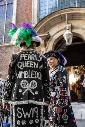 September 20, 2026, London, London, England: Pearly Kings and QueenÃ¢â‚¬â ¢s of London gather with city Mayors, Chelsea pensioner war veterans and dignitaries at Guildhall Yard for the annual Costermongers Harvest Festival celebration. Morris dancers and choirs performed along with the Pearly Kings and Queens who led a sing-a-long of traditional favourite songs such as: Ã¢â‚¬ËœKnees up Mother BrownÃ¢â‚¬â ¢ and Ã¢â‚¬ËœDoing the Lambeth walkÃ¢â‚¬â ¢. A procession followed to the spiritual home of LondonÃ¢â‚¬â ¢s Ã¢â‚¬ËœEastendersÃ¢â‚¬â ¢ at St Mary-le-Bow Church. Tradition has it that anyone born within earshot of the Bow Bells can claim to be a true Cockney. The march was led by a pearly prince carrying a plaited loaf of bread that was prese - ZUMAr169 20260920_zip_r169_032 Copyright: xRodxHarbinsonx