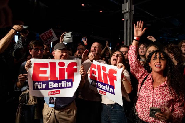 Party members celebrate as the first election projections for the Berlin House of Representatives are announced at The Left’s election party at the Festsaal Kreuzberg in Berlin on September 20, 2026. According to ARD’s initial projections, the party is expected to win with 24.5 percent of the vote. The Left wins the Berlin House of Representatives election