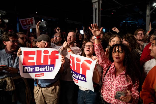 Party members celebrate as the first election projections for the Berlin House of Representatives are announced at The Left’s election party at the Festsaal Kreuzberg in Berlin on September 20, 2026. According to ARD’s initial projections, the party is expected to win with 24.5 percent of the vote. The Left wins the Berlin House of Representatives election