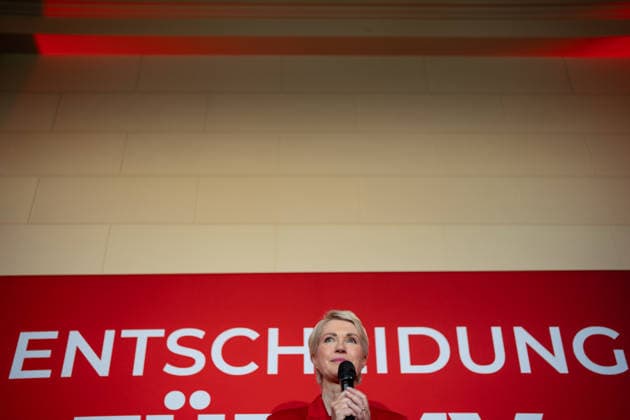 Minister-President and SPD lead candidate Manuela Schwesig, around 6:20 p.m., at the SPD election party in the Orangery of Schwerin Castle; Election Night, 2026 State Election in Mecklenburg-Western Pomerania, Schwerin, Mecklenburg-Western Pomerania, Germany; Schwerin Castle and surrounding area