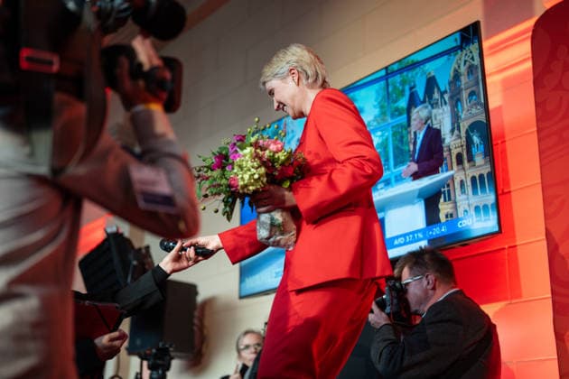 Minister-President and SPD lead candidate Manuela Schwesig, around 6:20 p.m., at the SPD election party in the Orangery of Schwerin Castle; Election Night, 2026 State Election in Mecklenburg-Western Pomerania, Schwerin, Mecklenburg-Western Pomerania, Germany; Schwerin Castle and surrounding area