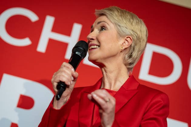 Minister-President and SPD lead candidate Manuela Schwesig, around 6:20 p.m., at the SPD election party in the Orangery of Schwerin Castle; Election Night, 2026 State Election, Mecklenburg-Western Pomerania, Schwerin, Mecklenburg-Western Pomerania, Germany; Schwerin Castle and surrounding area