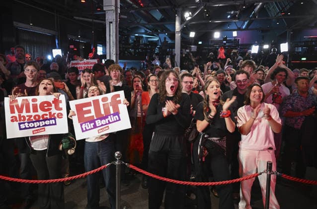 Elif Eralp s Left Party on course for historic win in German capital BERLIN, GERMANY - SEPTEMBER 20: Die Linke (The Left Party) lead candidate for Berlin Governing Mayor Elif Eralp celebrates with party supporters at the party headquarters, Karl-Liebknecht-Haus, in Berlin, Germany, on September 20, 2026. According to initial exit polls in the Berlin House of Representatives (Abgeordnetenhaus) election, Die Linke secured first place with 24.5 percent of the vote. Halil Sagirkaya Anadolu Berlin Germany. Editorial use only. Please get in touch for any other usage.  Copyright: x2026xAnadoluxHalilxSagirkayax