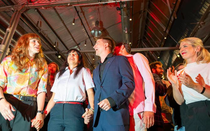 Elif Eralp EUR, Germany, Berlin, September 20, 2026: Election party for the Left Party in Kreuzberg. Lead candidate Elif Eralp is ahead in the polls for the Berlin House of Representatives election. The Left Party is the clear winner of the election.