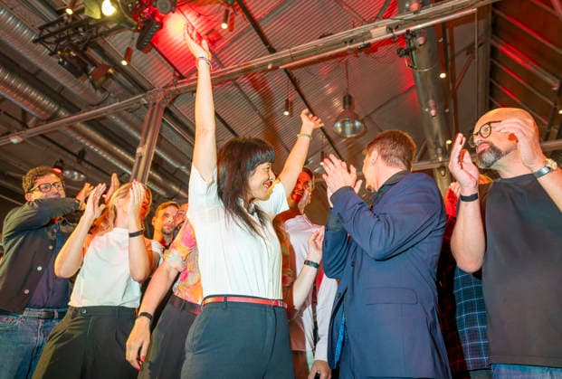 Elif Eralp EUR, Germany, Berlin, September 20, 2026: Election party for the Left Party in Kreuzberg. Lead candidate Elif Eralp is ahead in the polls for the Berlin House of Representatives election. The Left Party is the clear winner of the election.