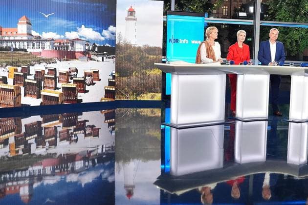 Schwerin, Mecklenburg-Western Pomerania, Germany, September 20, 2026 Election studio in front of Schwerin Castle 2026 State Election in Mecklenburg-Western Pomerania Simone Oldenburg, The Left, Minister-President Manuela Schwesig, SPD, and Leif Erik Holm, AfD Photo by Marcus Brandt, Pool Copyright: xMarcusxBrandt,xPool dtsxNachrichtenagenturx dts_135511