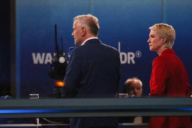 Schwerin, Mecklenburg-Western Pomerania, Germany, September 20, 2026; Schwerin Castle; 2026 State Election in Mecklenburg-Western Pomerania; Leif Erik Holm (AfD) and Minister-President Manuela Schwesig (SPD) in a joint TV interview on election night Copyright: xdtsxNachrichtenagenturx dts_135544