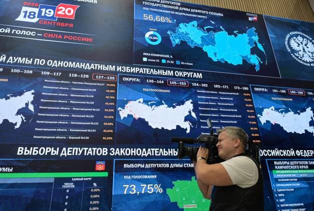Russia Parliamentary Election CEC 9248132 20.09.2026 A man works next to screens showing voter turnout by electoral district in elections to Russia s ninth State Duma, the lower house of parliament, at the Russian Central Election Commission (CEC) Information Centre in Moscow, Russia. Alexey Nikolskiy Sputnik Moscow Russia  Copyright: xAlexeyxNikolskiyx