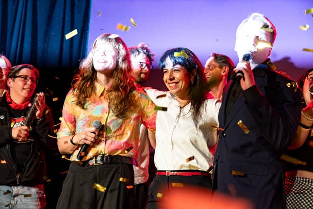 Elif Eralp C, the leading candidate for The Left, celebrates with party leaders and members upon the announcement of the initial election projections for the Berlin House of Representatives at the Kreuzberg Ballroom in Berlin on September 20, 2026. According to ARD’s initial projections, the party is expected to win 24,5 percent of the vote. The Left wins the Berlin House of Representatives