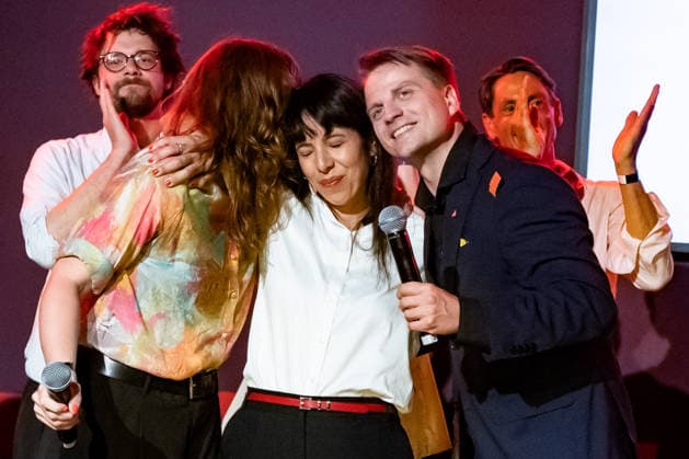 Elif Eralp C, the leading candidate for Die Linke, celebrates with party leaders and members upon the announcement of the initial election projections for the Berlin House of Representatives at the Festsaal Kreuzberg in Berlin on September 20, 2026. According to ARD’s initial projections, the party is expected to win 24.5 percent. The Left wins the Berlin House of Representatives election