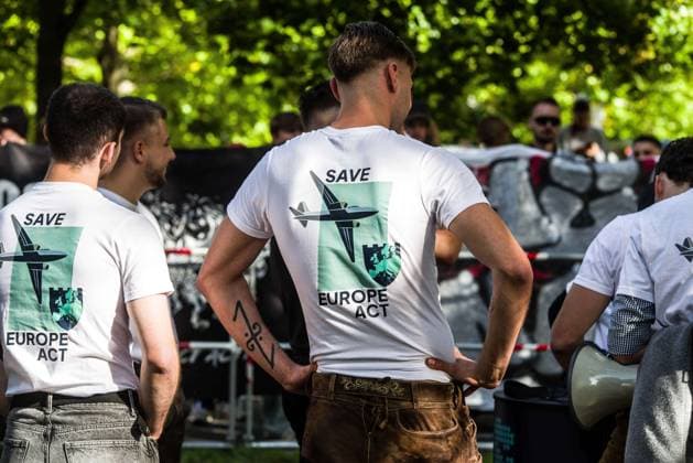September 20, 2026, Munich, Bavaria, Germany: Coinciding with Oktoberfest, a group of right-extremists from the Identitaere Bewegung held a rally under the Banner of the Save Europe Act which includes, according to them, guidelines for the so-called Remigration. Some members discussed Remigration to include non-native born Germans, as they feel they can never be German, even if they hit all integration points. Critics in Germany see it as eyebrow-raising that the Identitaere leader, Martin Sellner, is an Austrian that is essentially making German policy and can play a greater role in government should the AfD take power. Munich Germany - ZUMAb160 20260920_abp_b160_010 Copyright: xSachellexBabbarx