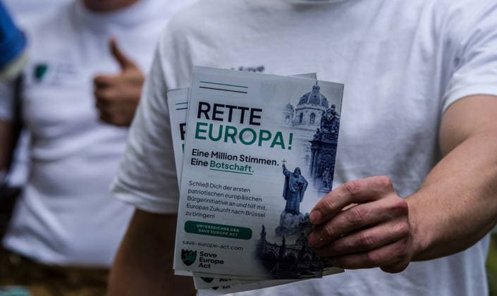 September 20, 2026, Munich, Bavaria, Germany: Coinciding with Oktoberfest, a group of right-extremists from the Identitaere Bewegung held a rally under the Banner of the Save Europe Act which includes, according to them, guidelines for the so-called Remigration. Some members discussed Remigration to include non-native born Germans, as they feel they can never be German, even if they hit all integration points. Critics in Germany see it as eyebrow-raising that the Identitaere leader, Martin Sellner, is an Austrian that is essentially making German policy and can play a greater role in government should the AfD take power. Munich Germany - ZUMAb160 20260920_abp_b160_011 Copyright: xSachellexBabbarx