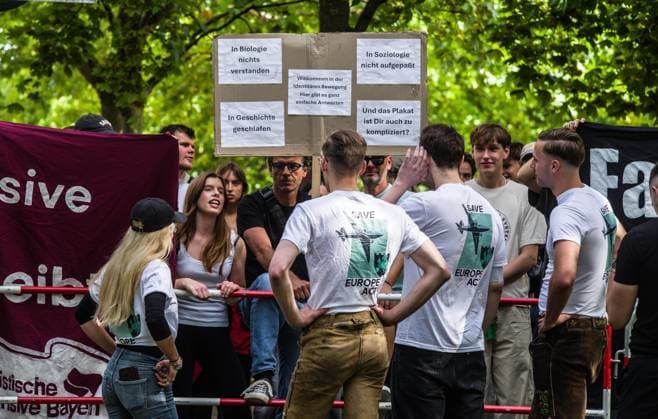 September 20, 2026, Munich, Bavaria, Germany: Coinciding with Oktoberfest, a group of right-extremists from the Identitaere Bewegung held a rally under the Banner of the Save Europe Act which includes, according to them, guidelines for the so-called Remigration. Some members discussed Remigration to include non-native born Germans, as they feel they can never be German, even if they hit all integration points. Critics in Germany see it as eyebrow-raising that the Identitaere leader, Martin Sellner, is an Austrian that is essentially making German policy and can play a greater role in government should the AfD take power. Munich Germany - ZUMAb160 20260920_abp_b160_013 Copyright: xSachellexBabbarx