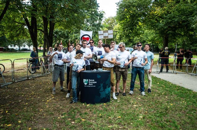 September 20, 2026, Munich, Bavaria, Germany: Coinciding with Oktoberfest, a group of right-extremists from the Identitaere Bewegung held a rally under the Banner of the Save Europe Act which includes, according to them, guidelines for the so-called Remigration. Some members discussed Remigration to include non-native born Germans, as they feel they can never be German, even if they hit all integration points. Critics in Germany see it as eyebrow-raising that the Identitaere leader, Martin Sellner, is an Austrian that is essentially making German policy and can play a greater role in government should the AfD take power. Munich Germany - ZUMAb160 20260920_abp_b160_007 Copyright: xSachellexBabbarx
