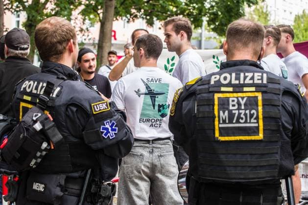 September 20, 2026, Munich, Bavaria, Germany: Coinciding with Oktoberfest, a group of right-extremists from the Identitaere Bewegung held a rally under the Banner of the Save Europe Act which includes, according to them, guidelines for the so-called Remigration. Some members discussed Remigration to include non-native born Germans, as they feel they can never be German, even if they hit all integration points. Critics in Germany see it as eyebrow-raising that the Identitaere leader, Martin Sellner, is an Austrian that is essentially making German policy and can play a greater role in government should the AfD take power. Munich Germany - ZUMAb160 20260920_abp_b160_003 Copyright: xSachellexBabbarx