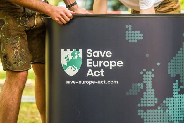 September 20, 2026, Munich, Bavaria, Germany: Coinciding with Oktoberfest, a group of right-extremists from the Identitaere Bewegung held a rally under the Banner of the Save Europe Act which includes, according to them, guidelines for the so-called Remigration. Some members discussed Remigration to include non-native born Germans, as they feel they can never be German, even if they hit all integration points. Critics in Germany see it as eyebrow-raising that the Identitaere leader, Martin Sellner, is an Austrian that is essentially making German policy and can play a greater role in government should the AfD take power. Munich Germany - ZUMAb160 20260920_abp_b160_030 Copyright: xSachellexBabbarx